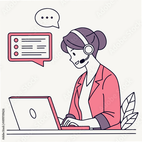 Professional female customer service agent working on laptop with transparent background