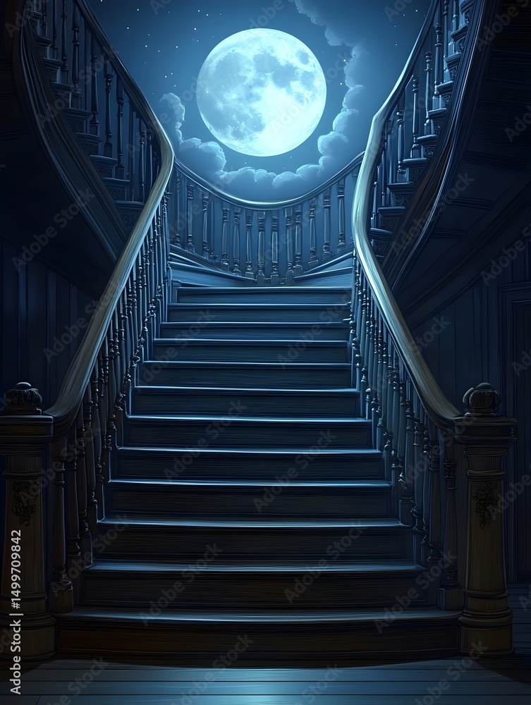 Fototapeta premium A grand, curving wooden staircase ascends towards a large, full moon visible through an open ceiling, bathed in ethereal moonlight
