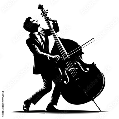 Musician playing double bass with passion in a stylized black silhouette