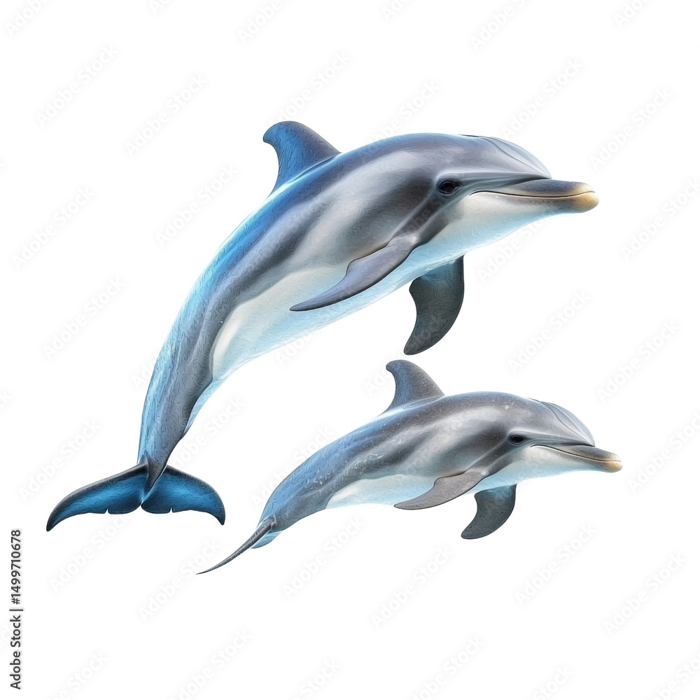 Obraz premium Dolphins swimming gracefully in ocean, showcasing their playful nature and intelligence. These marine mammals are known for their social behavior and agility