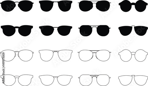 Sunglass icon set silhouette vector on white background. Sunglasses icons collection. Set of different sunglasses both in filled and outline style.