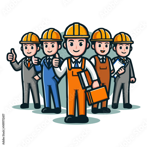 Cartoon Style Construction Worker Mascot Wearing Reflective Vest for Builder Manual Labor Repair Logo Design Identity Vector Illustration Professional Character