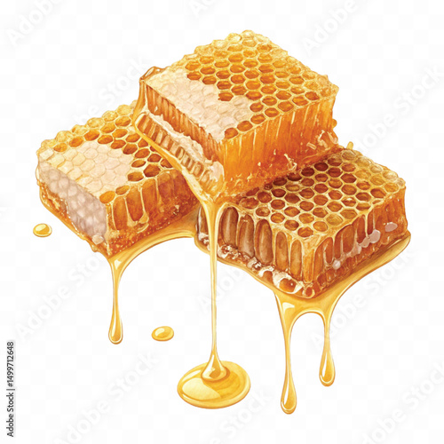 realistic glossy honeycomb, honey cell slices  dripping with fresh liquid honey isolated on transparent background.