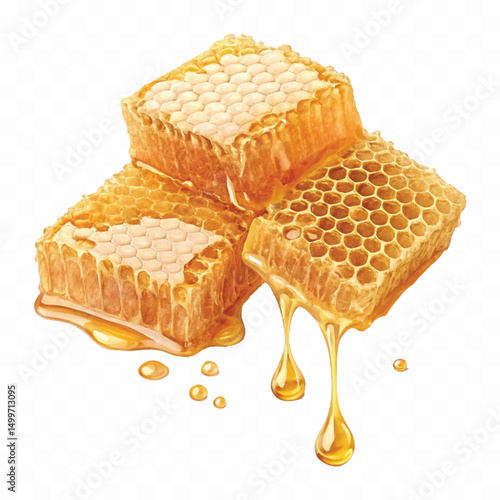 realistic glossy honeycomb, honey cell slices  dripping with fresh liquid honey isolated on transparent background.