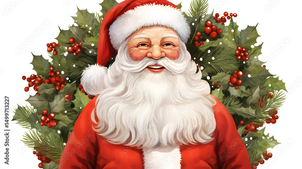 Festive Santa Claus with Garland and Branches Leaves Background for Holiday Decorations Festive Santa Claus with Garland and Branches Leaves Background for Holiday Decorations