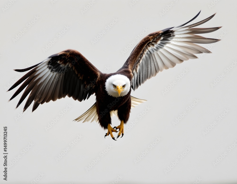 Fototapeta premium powerful eagle soaring, front view on white background, subject on the right with copy space on the left.