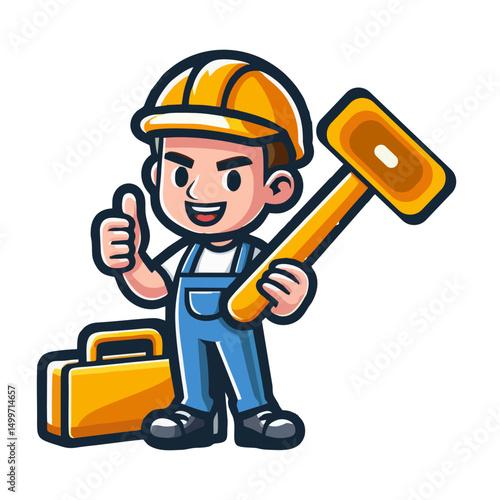 Flat Vector Design of Construction Worker Mascot Holding Wrench in Safety Gear Standing on Jobsite for Builder Manual Labor Repair Project Logo Branding Identity Cartoon Style Character