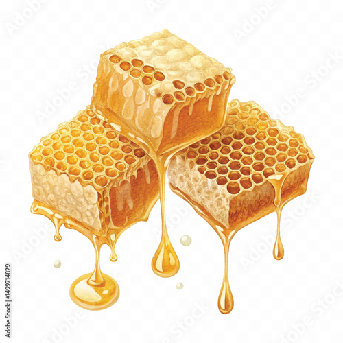 realistic glossy honeycomb, honey cell slices  dripping with fresh liquid honey isolated on transparent background.