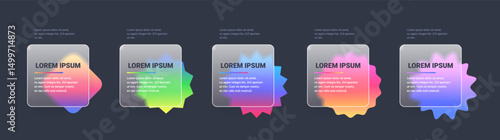 Five bright glass morphism infographic square panels set with different star shape form. Vector template illustration on dark background