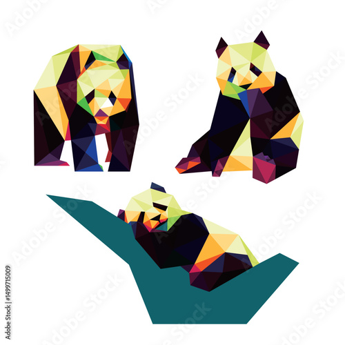Cute Panda Set in Colorful Polygonal Logo. Panda Colorful Abstract Polygon. Collection of Panda Low Poly.