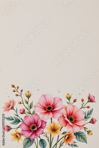 delicate watercolor floral bouquet illustration positioned at the bottom with sparkling style, ample copy space at the top for text.