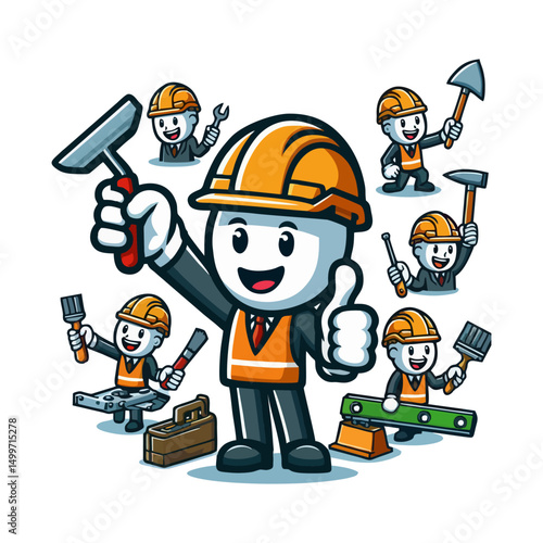 Vector Cartoon Style Builder Mascot Character in Helmet and Gloves Holding Toolbox for Construction Worker Manual Job Repair Contractor Branding Logo Illustration Identity Asset