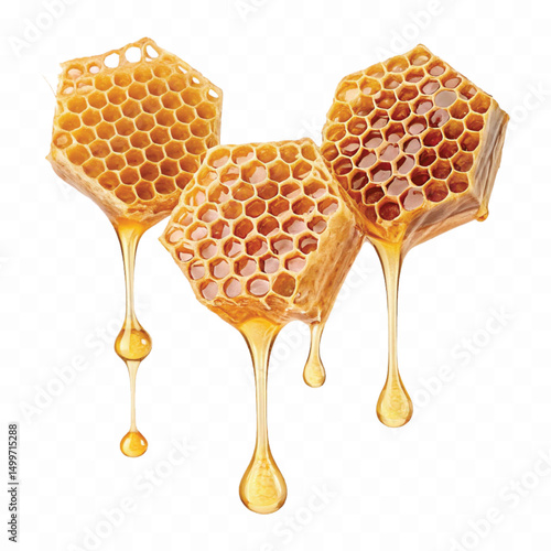 realistic glossy honeycomb, honey cell slices  dripping with fresh liquid honey isolated on transparent background.