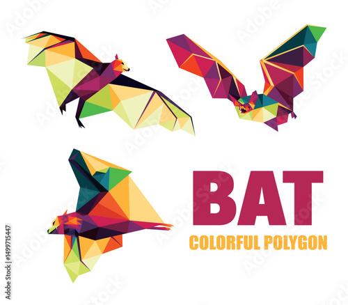 Bat Animal Illustration Set in Colorful Polygonal low poly. Bat in Colorful abstract. Collection of Flying Bat Logo.