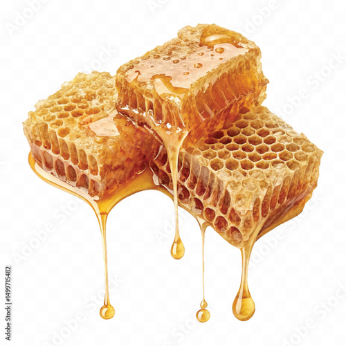 realistic glossy honeycomb, honey cell slices  dripping with fresh liquid honey isolated on transparent background.