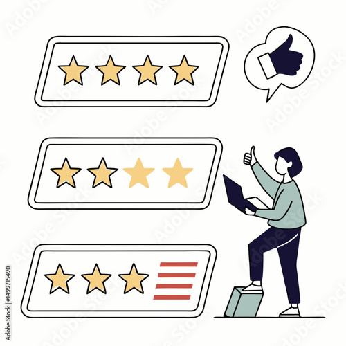 Person giving thumbs up with laptop near star rating reviews