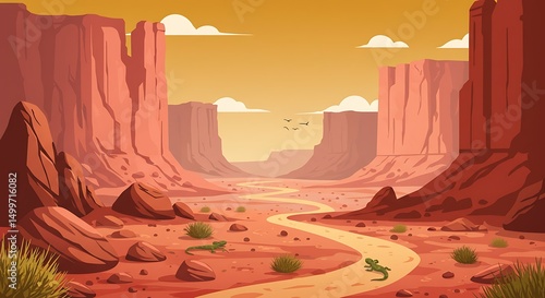 Desert canyon vista with meandering path
