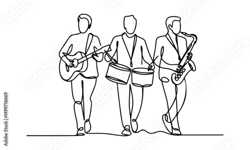 Little boys play with drum and trumpet.  music band. Continuous one line drawing. Hand drawn Doodle Line Art Cartoon Design character. Vector illustration