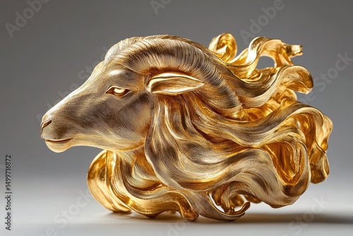 An 18k gold brooch, liquid flows to form a majestic sheep's head, liquid dynamics and layered sculptures, overall gold, silk-like brushed metal surface, abstract art style, gray gradient background