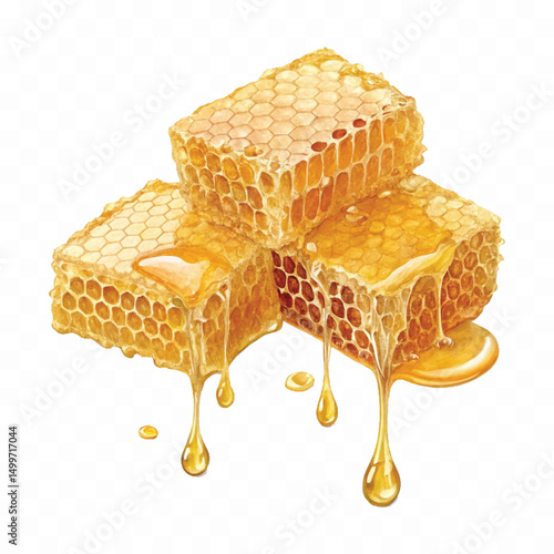 realistic glossy honeycomb, honey cell slices  dripping with fresh liquid honey isolated on transparent background.