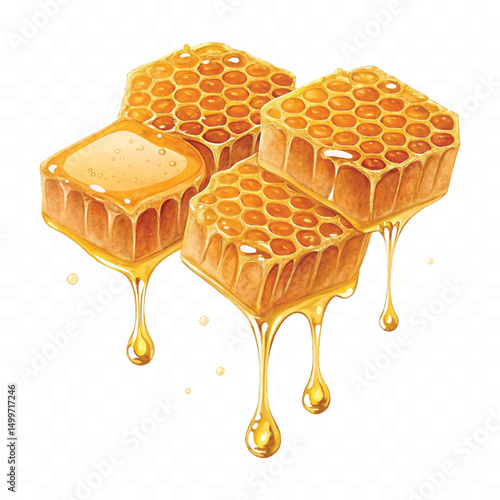 realistic glossy honeycomb, honey cell slices  dripping with fresh liquid honey isolated on transparent background.