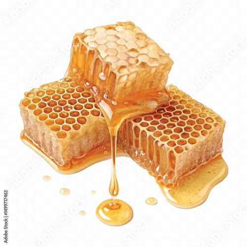 realistic glossy honeycomb, honey cell slices  dripping with fresh liquid honey isolated on transparent background.