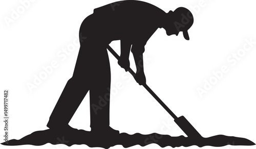 Farmer Hoeing the Soil Silhouette Vector Illustration on Transparent Background