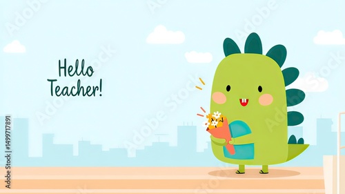 Cheerful classroom greeting dinosaur welcomes students to 100-day adventure!