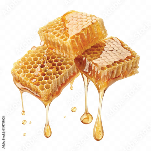 realistic glossy honeycomb, honey cell slices  dripping with fresh liquid honey isolated on transparent background.