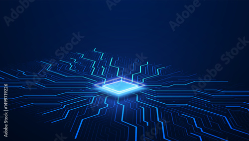Abstract technology chip processor background circuit board and html code,3D illustration blue technology background vector.