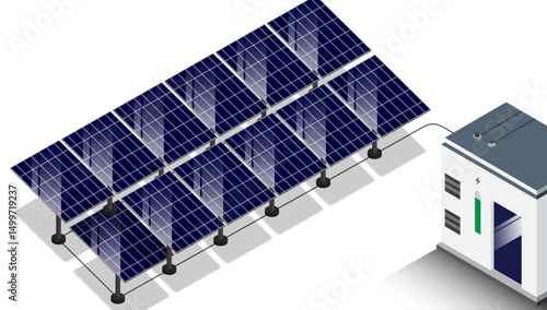 solar power system with photovoltaic panels connected to a battery storage unit, representing renewable energy and clean electricity production.  isometric vector eps10