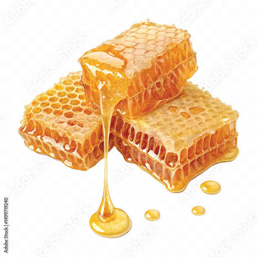 realistic glossy honeycomb, honey cell slices  dripping with fresh liquid honey isolated on transparent background.