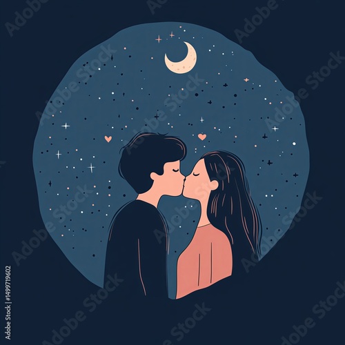 Cartoon illustration style, a young couple kissing under the moonlight