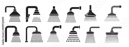 Black Vector Showerhead Icon Set - Various Styles with Water Spray