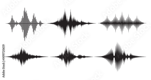 Foto Collection of Black Sound Waveforms with Reflections Isolated on White Backgroun