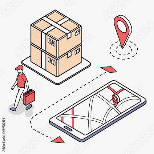 Isometric delivery man carrying packages using gps navigation app