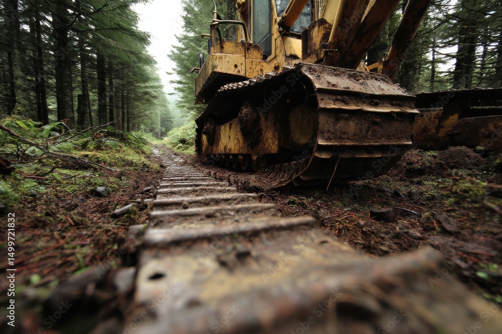 Fototapeta premium Muddy bulldozer track leading into a deep forest industrial intrusion into wilderness