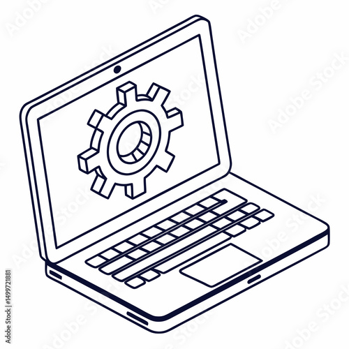 Laptop computer gear icon isometric design technology