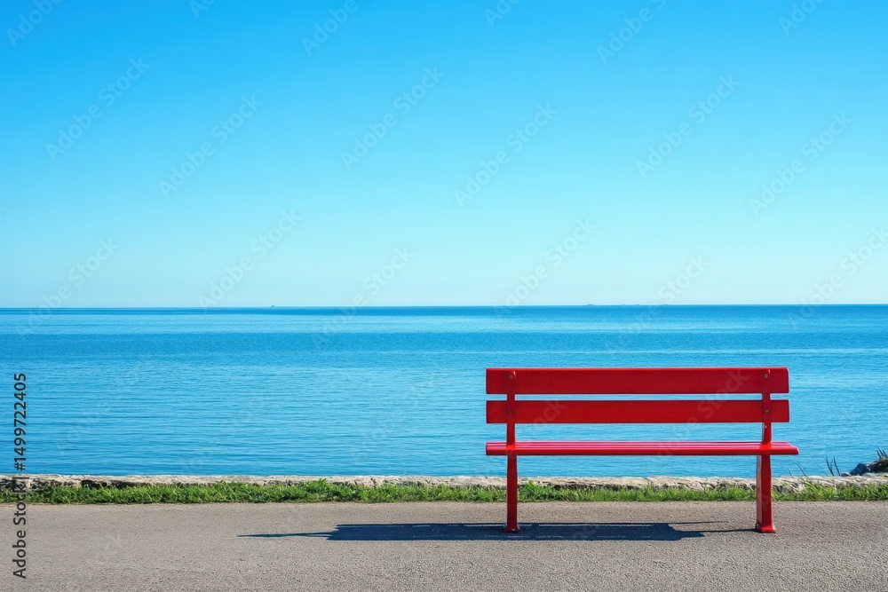Red bench near water under blue sky on a white background Red bench near water under blue sky on a white background