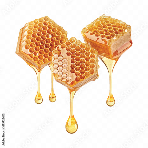 realistic glossy honeycomb, honey cell slices  dripping with fresh liquid honey isolated on transparent background.