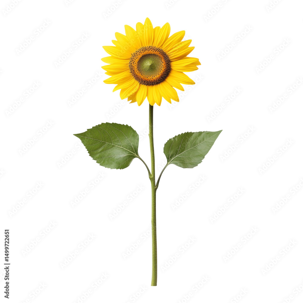 Fototapeta premium Bright sunflower with vibrant yellow petals and green leaves on clean background, symbolizing joy and warmth
