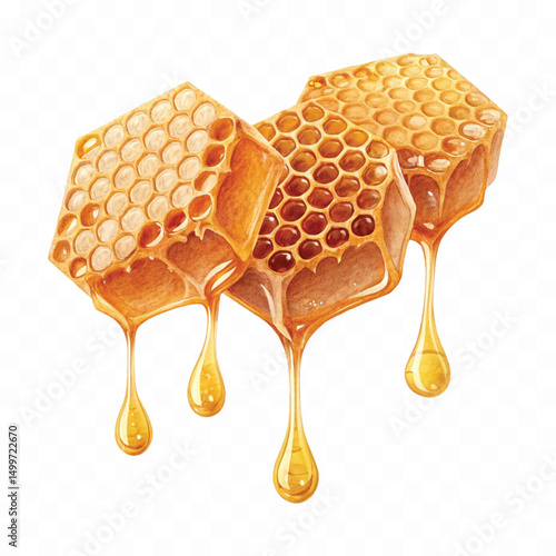 realistic glossy honeycomb, honey cell slices  dripping with fresh liquid honey isolated on transparent background.