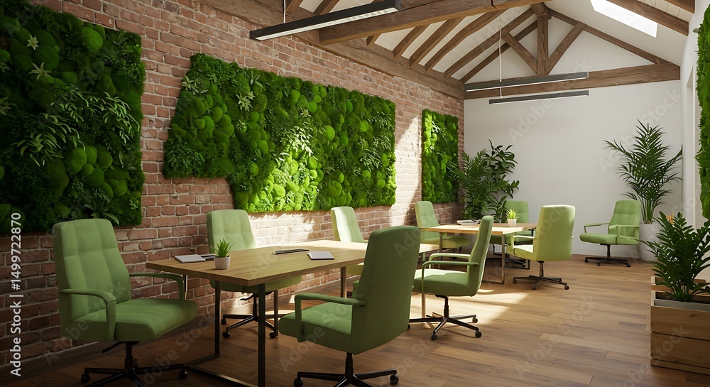 Fototapeta premium Verdant office space with conference tables