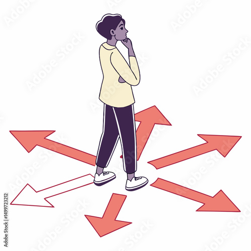 Person contemplating multiple directions arrows choices decision making