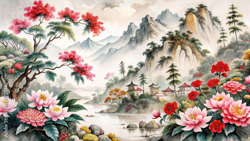 Ink painting, ink flowers, Chinese landscape painting