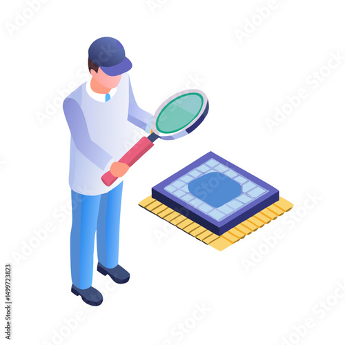 Technician inspecting microchip with magnifying glass isometric illustration