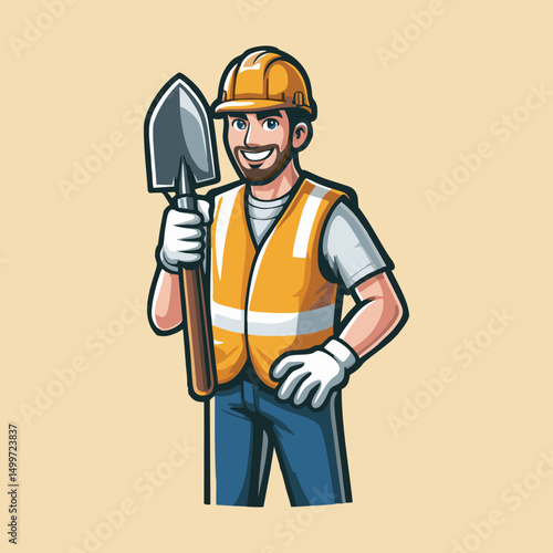 Cartoon Construction Worker Mascot Character with Yellow Helmet and Tool Belt Holding Wrench and Smiling for Builder Logo Design Site Repair Branding Manual Labor Job Project Illustration