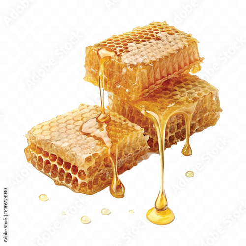 realistic glossy honeycomb, honey cell slices  dripping with fresh liquid honey isolated on transparent background.