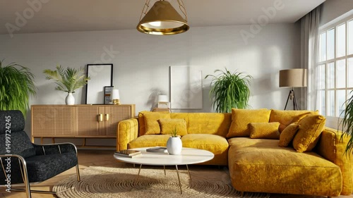 Modern interior design of scandinavian apartment, living room with yellow sofa, sideboard and black armchair 3d animation rendering. motion video.