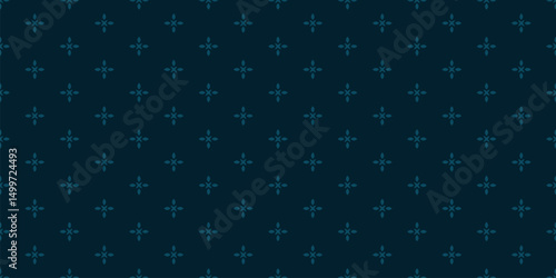 Vector floral minimalist seamless pattern. Abstract minimal geometric ornament with flowers in oriental style. Simple dark teal blue background. Subtle geo texture. Repeating design for decor, textile